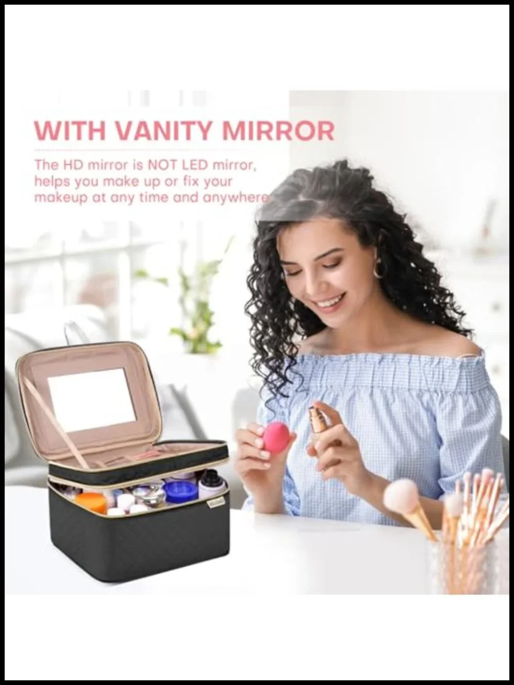 Large Travel Makeup Bag Organizer with Mirror, Double Layer Cosmetic Case,